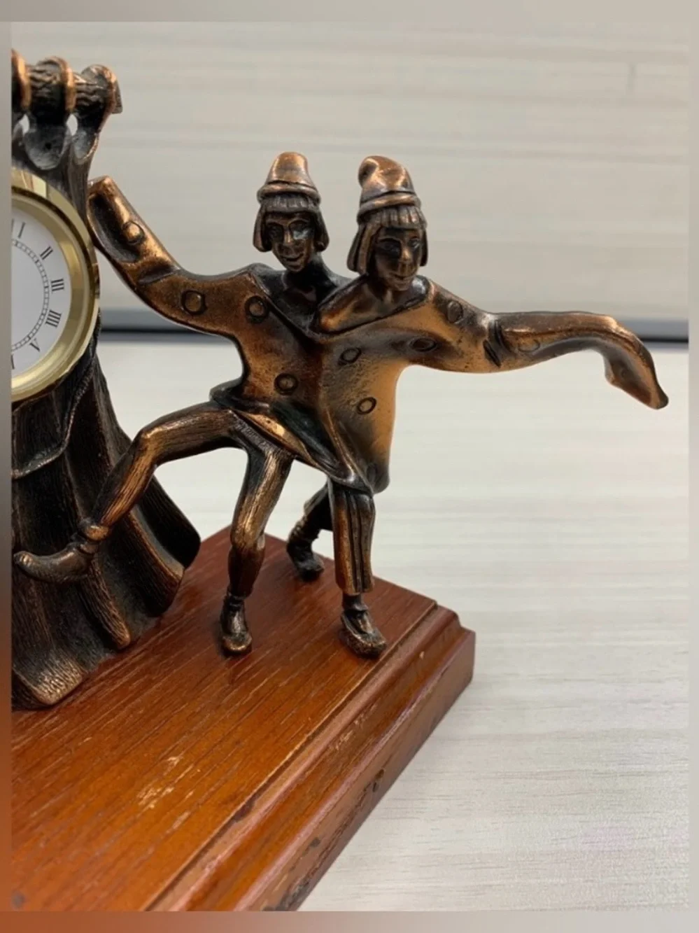 Vintage Russian Bronze Tone Folk Dancers Mantel Clock Sculpture